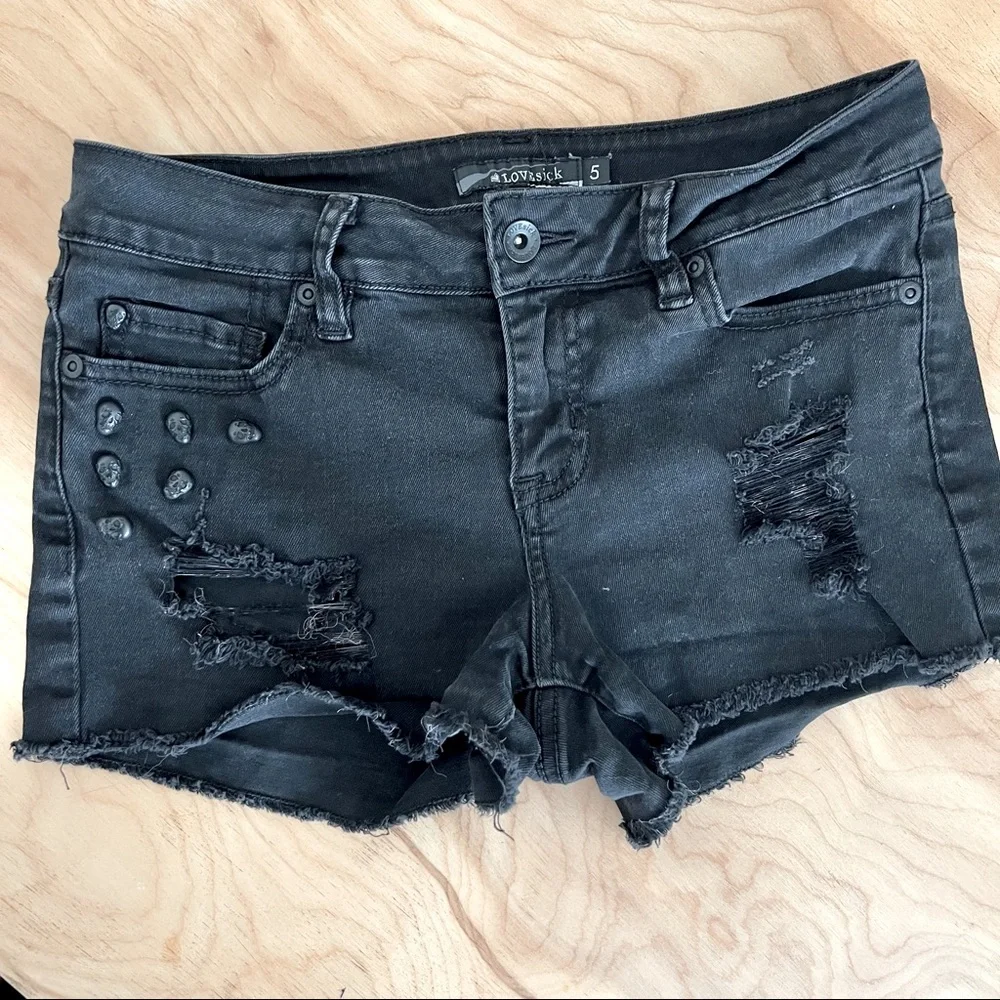 Lovesick Skull-Studded Black Raw-Hem Shorts
